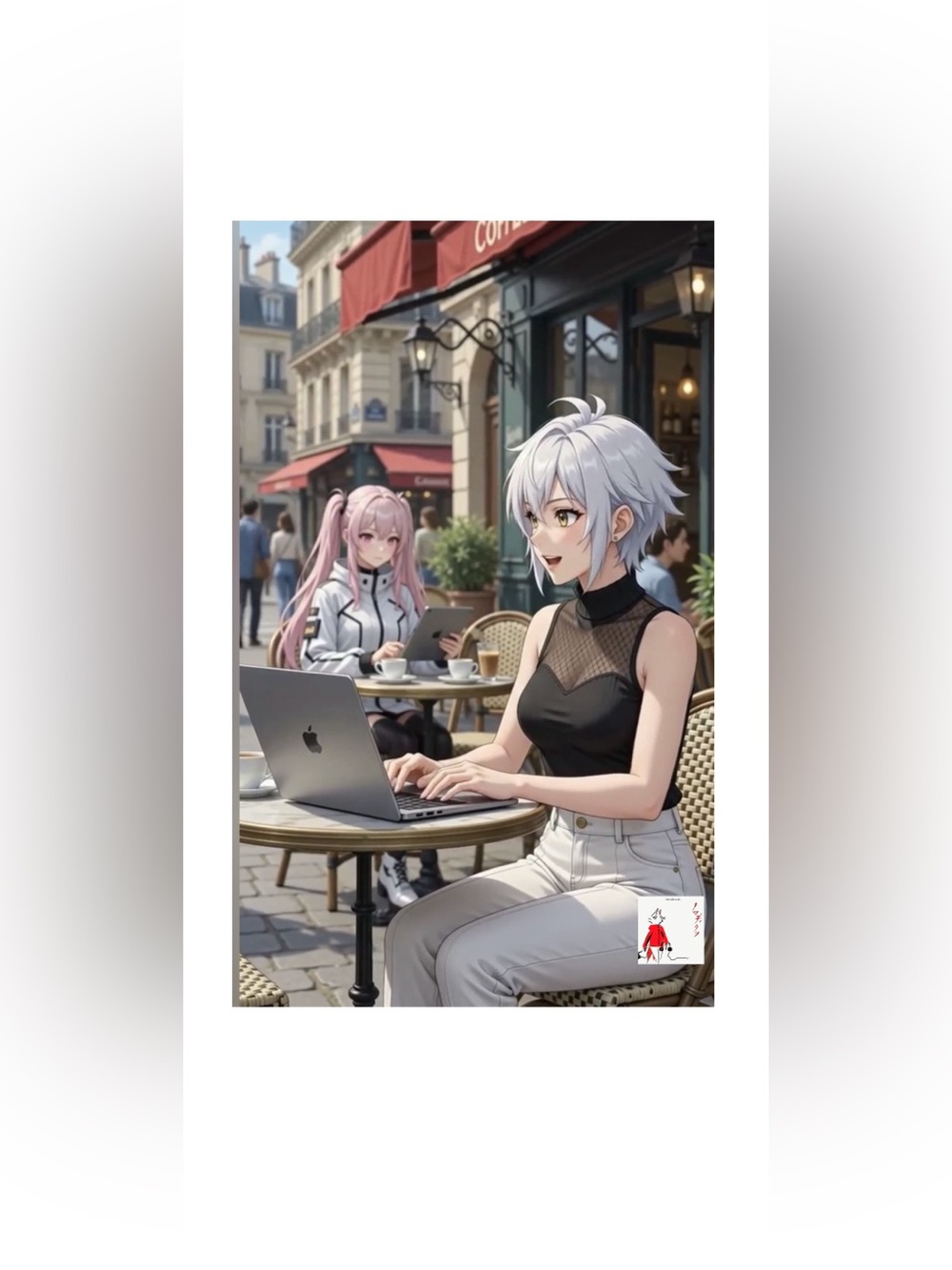 Cafe Scene Anime Art Print — Black & White Colorway